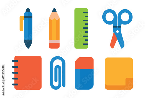 Flat vector icons of office stationery: pen, pencil, ruler, scissors, notebook, paperclip, eraser, sticky notes.