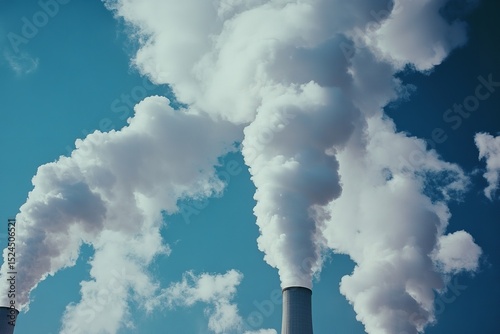 Towers of Advanced Nuclear Power Plant Emitting White Smoke Against Clear Blue Sky