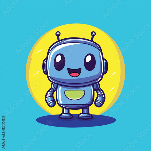 Happy Robot Cartoon: A cheerful cartoon robot with large eyes and a friendly smile stands against a bright yellow circle on a light blue background.