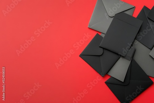 Several black and gray envelopes clustered on a red surface
