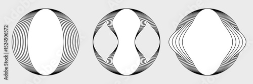 Collection of wireframe globe, ball or sphere with spiral, circular rotating round wave lines, distorted energy vibe rings