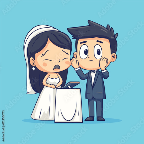 A Newlywed's Dilemma: An illustration captures the heartfelt moment of a bride and groom, facing a wedding day challenge with shared expressions of worry and concern.