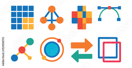 Flat vector icons of minimal tech shapes: data grids, neural nodes, pixel blocks, vector points, connection lines, schematic circles, flow arrows, dynamic frames.
