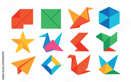 Flat vector icons of origami-inspired geometry: folded paper shapes, creased triangles, bird forms, folded boxes, paper stars, angular cranes, bent lines, abstract folds.