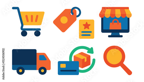 Flat vector icons of e-commerce business: shopping cart, discount tag, product review, online store, delivery truck, payment method, return policy, product search.