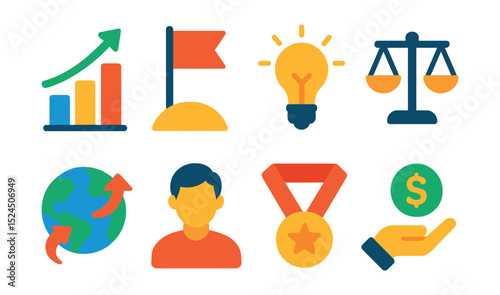 Flat vector icons of business growth: upward graph, success flag, innovation bulb, scale icon, market expansion, new customer, business award, investment.