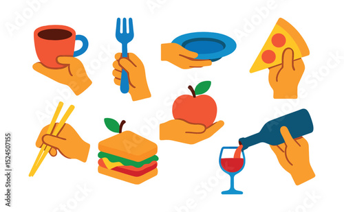Flat vector icons of human hands interacting with food: hand holding coffee cup, hand using fork, hand passing plate, hand holding slice of pizza, hand holding chopsticks, hand offering fruit, hand