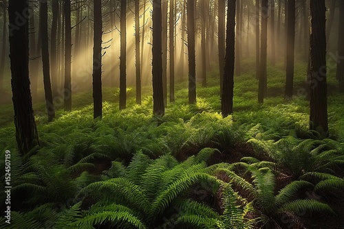 Majestic Redwood Forest with Towering Trees and Lush Green Ferns on the Forest Floor