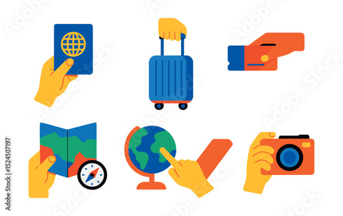 Flat vector icons of human hands with travel essentials: hand holding passport, hand rolling suitcase, hand holding map, hand giving boarding pass, hand using compass, hand pointing at globe, hand