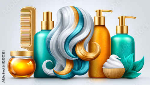Hair care products and tools display. Colorful collection of hair care bottles, tools, and accessories on a clean background for styling and maintenance.