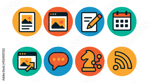 Flat vector icons of blog and content creation in circular style: article page, blog post, draft icon, content calendar, publish icon, comment section, content strategy, RSS feed.