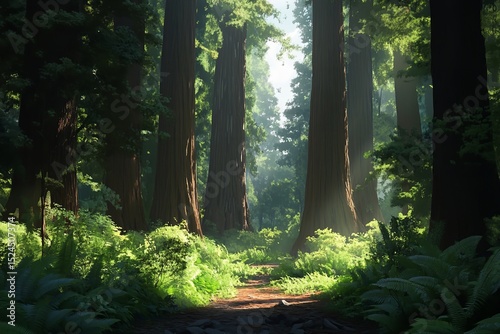 Majestic Redwood Forest with Towering Trees and Lush Green Ferns on the Forest Floor