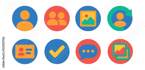 Flat vector icons of social media profiles in circular style: profile avatar, followers icon, post icon, follow back, bio card, verified badge, message bubble, media gallery.