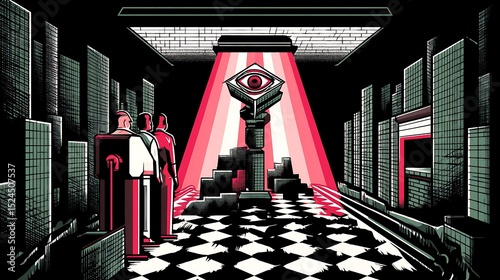 Orwellian city surveillance with watchful eye