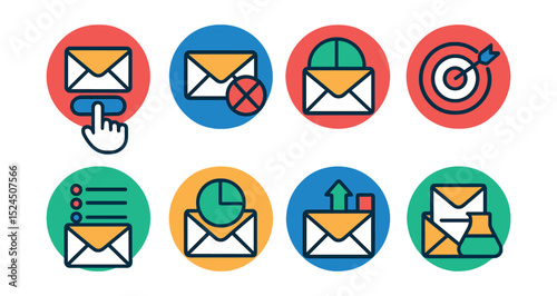Flat vector icons of newsletter management in circular style: email signup, unsubscribe icon, list segmentation, open rate, CTR icon, delivery rate, email content, test email.