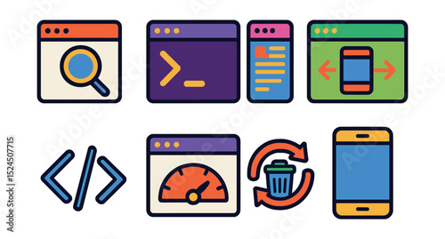 Flat vector icons of browser development tools: inspect element, console window, dev tools panel, responsive test, source code, performance tab, cache clear, mobile view.