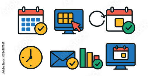 Flat vector icons of online scheduling: appointment calendar, book slot, reschedule icon, confirm appointment, time block, schedule email, availability chart, booking system.