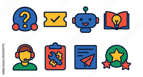 Flat vector icons of customer support portals: help center, ticket system, chatbot icon, knowledge base, live agent, troubleshooting guide, contact form, support rating.