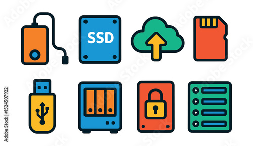 Flat vector icons of data storage tech: external hard drive, SSD icon, cloud backup, microSD card, USB stick, NAS server, encrypted drive, RAID array.