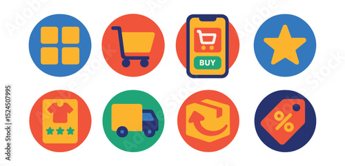 Flat vector icons of e-commerce interface items in circular style: product grid, cart icon, checkout screen, wishlist star, product review, shipping method, return policy, discount tag.