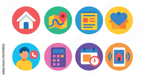 Flat vector icons of real estate mobile apps in circular style: house icon, map view, property listing, save home, contact agent, mortgage calculator, schedule visit, virtual tour.