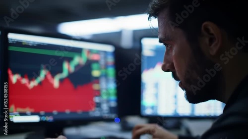 In a bustling trading room at night, a trader intently studies stock market charts on multiple screens, noticing fluctuations and making decisions based on data analysis
