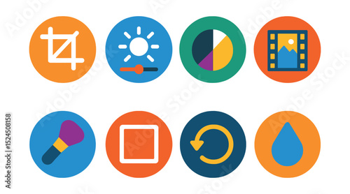 Flat vector icons of mobile photo editing apps in circular style: crop tool, brightness slider, contrast tool, filter preset, retouch icon, frame border, rotate photo, blur effect.