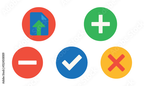 Flat vector icons of file and action icons in circular style: upload arrow, plus add, minus remove, checkmark confirm, cross close.