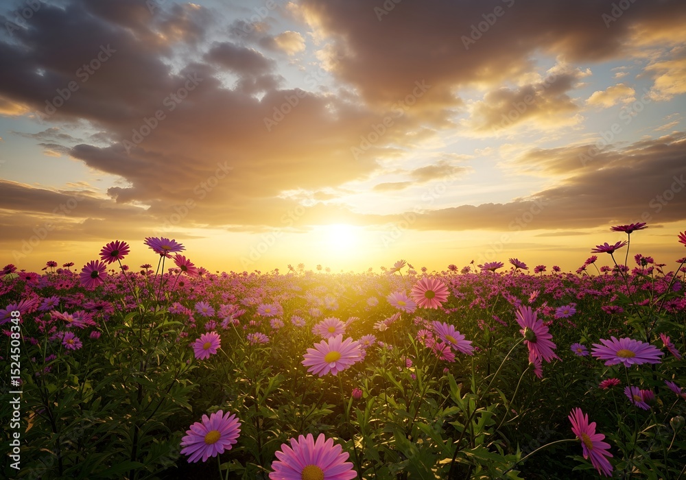 Fototapeta premium Sunset Serenity: A Field of Purple Flowers Bathed in Golden Light