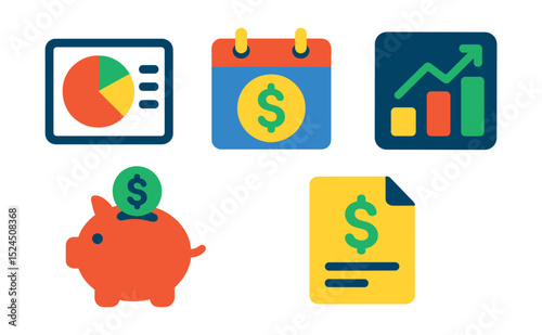 Flat vector icons of financial overview tools: spending chart, monthly budget, income tracker, savings goal, balance update.