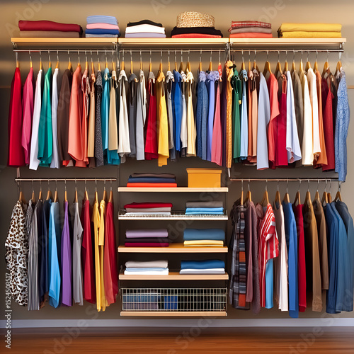 Wallpaper Mural A closet that is a modern design. The closet includes clothing for ages. Categories of clothing are business casual, casual, workout clothing, jeans. Female clothing can included dresses Torontodigital.ca