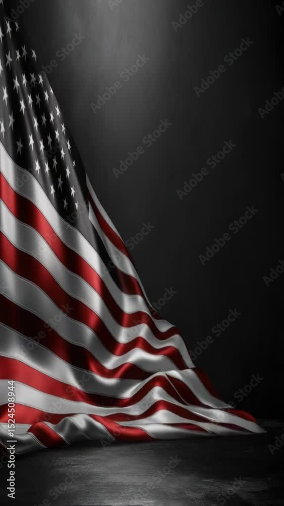 An American flag is displayed in a dimly lit space, making for a striking visual contrast