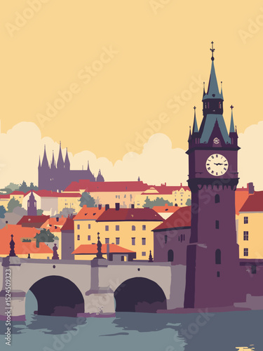 Prague, Charles Bridge, Prague Castle, Astronomical Clock in burnt sienna, golden yellow, plum, and grey