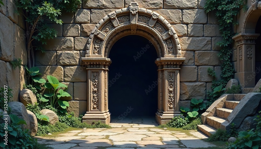Naklejka premium Intricate stone archway, ornate detailing, mystical portal entrance, ancient architecture Perfect for fantasy, game design, or architectural history projects , carved, intricate