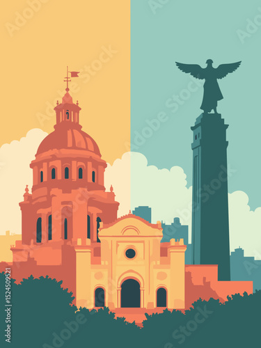 Mexico City, Palacio de Bellas Artes, Angel of Independence, Torre Latinoamericana in bright orange, gold, pale blue, and deep green