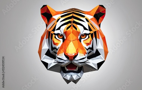 Low-poly style head of a tiger, made of geometric triangles, sharp stripes