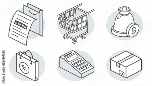 Isometric Shopping and E-commerce Icons Cart, Receipt, Package, POS, Bitcoin