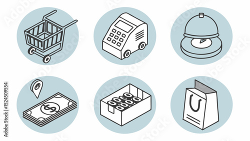 Isometric Icons Shopping Cart, Cash Register, Service Bell, Money, Coins, Shopping Bag