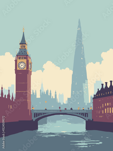 London Big Ben, Tower Bridge, The Shard in foggy blue, muted grey, maroon, and tan