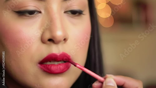 A woman applies red lip color with precision, showcasing tips for even coverage. Soft lighting enhances the intimate and inviting atmosphere. Ideal for makeup enthusiasts and beginners alike