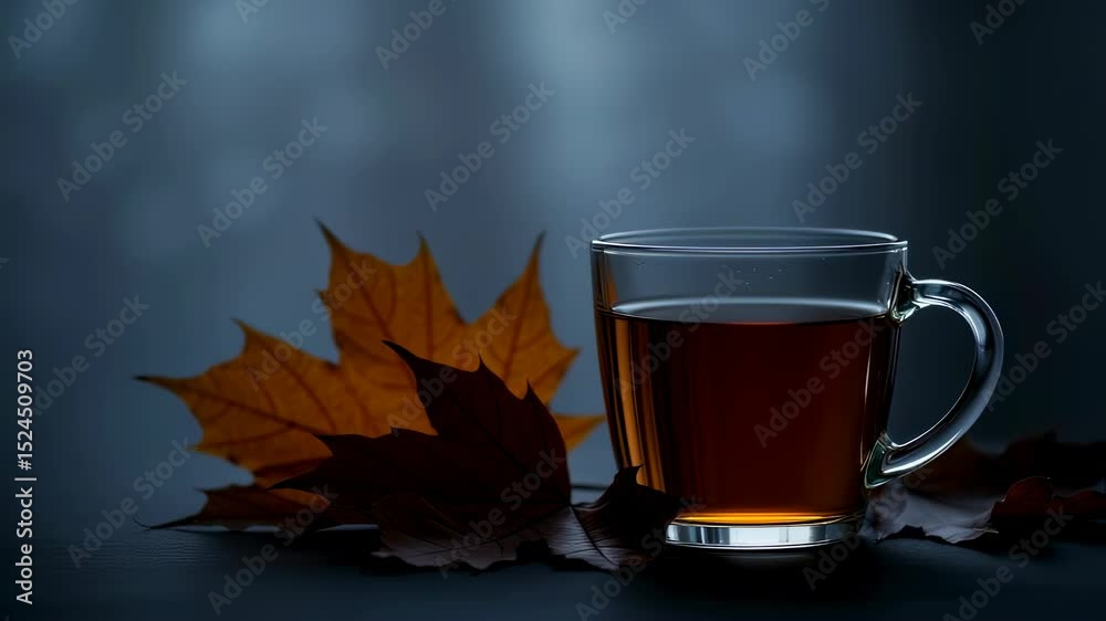 A glass mug filled with hot tea is placed on a wooden surface next to autumn fallen maple leaves with blurred bokeh background light for fall cozy footage.