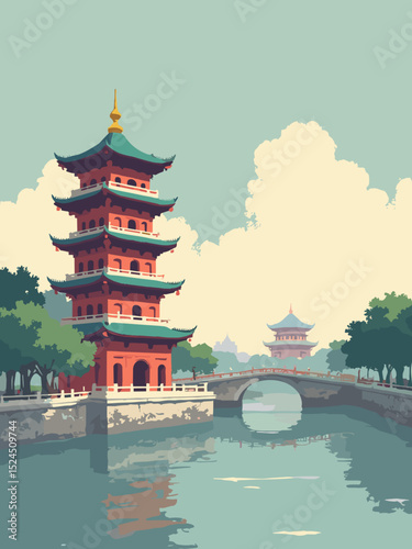 Hanoi Turtle Tower, Long Bien Bridge, One Pillar Pagoda in jade, rust red, ivory, and misty grey