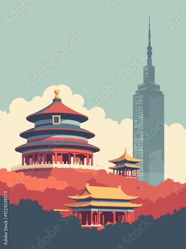 Beijing, Temple of Heaven, Forbidden City, CCTV Headquarters in red, charcoal, gold, and sky blue