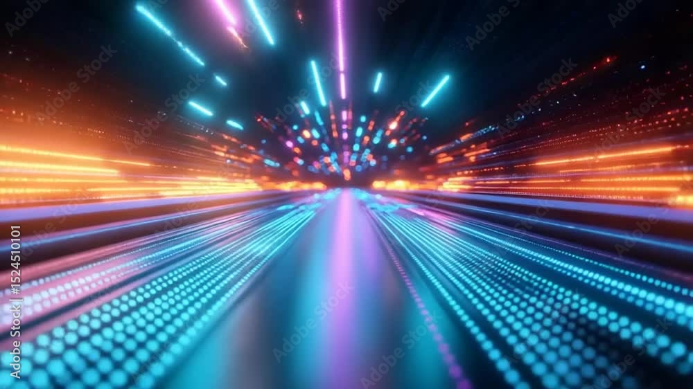 Futuristic neon tunnel with glowing dots