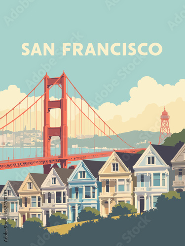 San Francisco Golden Gate Bridge, Painted Ladies, Coit Tower in burnt orange, sky blue, pale gold, and grey
