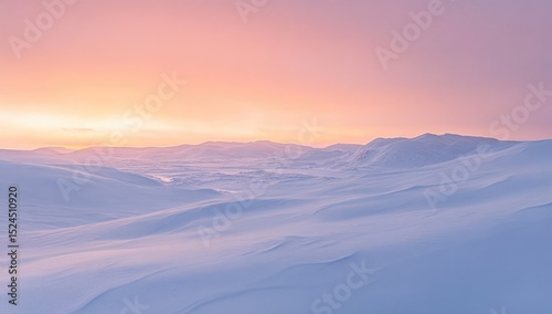 Snowy mountain range at dawn, soft pastel colors
