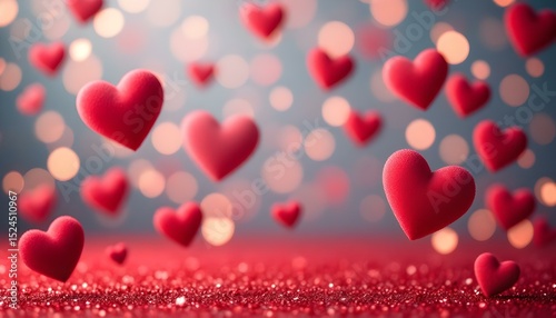 Romantic Valentine s Day background with floating red hearts and bokeh lights