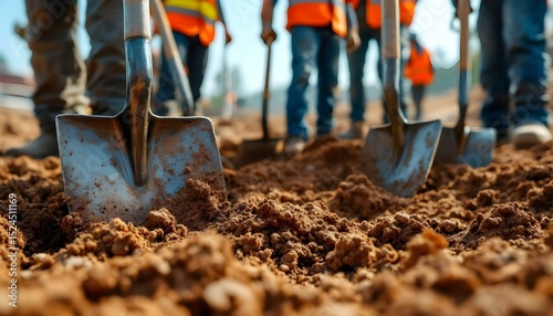 Construction workers with shovels standing on dirt ground at construction site