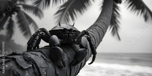 Crab on Palm Tree by Beach – Monochrome Coastal Wildlife Photography