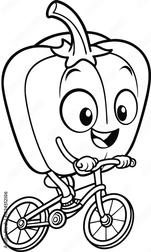 Fototapeta premium Adorable sweet pepper on bicycle coloring page